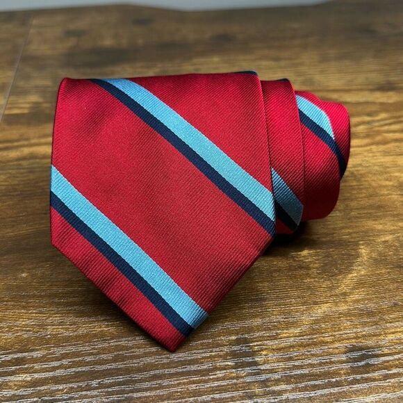 Brooks Brothers 346 Pure Silk Tie Made in USA Woven Italy Red Blue Striped - Picture 1 of 5